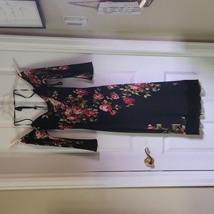 Nicole Miller, Off-the-shoulder black w red roses, longsleeved tealength dress.